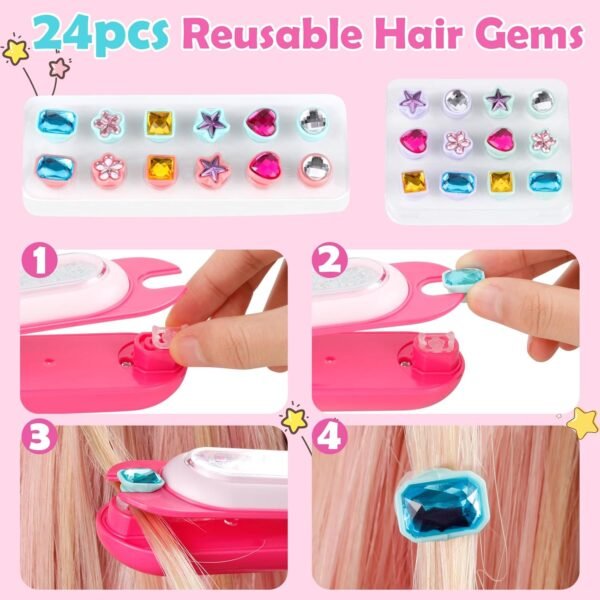 Hair Gem Stamper Kit with Temporary Hair Chalk, Gem Stapler for Hair, Hair Jewel Stamper for Girls Toy, Washable Hair Chalk Bedazzler Kit for Girl, Reusable Hair Styling Tool for Ages 6-12 Girls