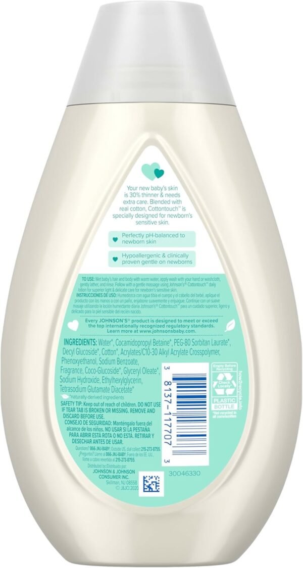 Johnson's CottonTouch Newborn Baby Body Wash & Shampoo, Gentle & Tear-Free, Made with Real Cotton, Gently Washes Away Dirt & Germs, Sulfate- & Paraben-Free for Sensitive Skin, 13.6 fl. oz