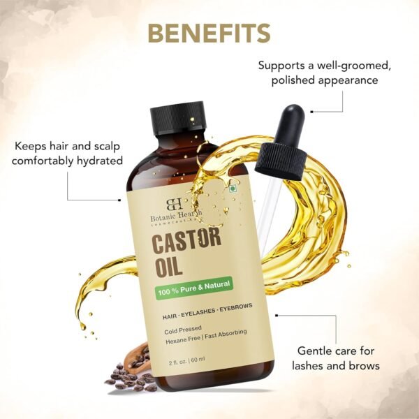 Botanic Hearth Castor Oil | 100% Pure & Natural, Cold Pressed | 2 Fl Oz (60 Ml) | For Hair, Eyelashes & Eyebrows | Hexane Free, Fast Absorbing | With Applicators & Dropper