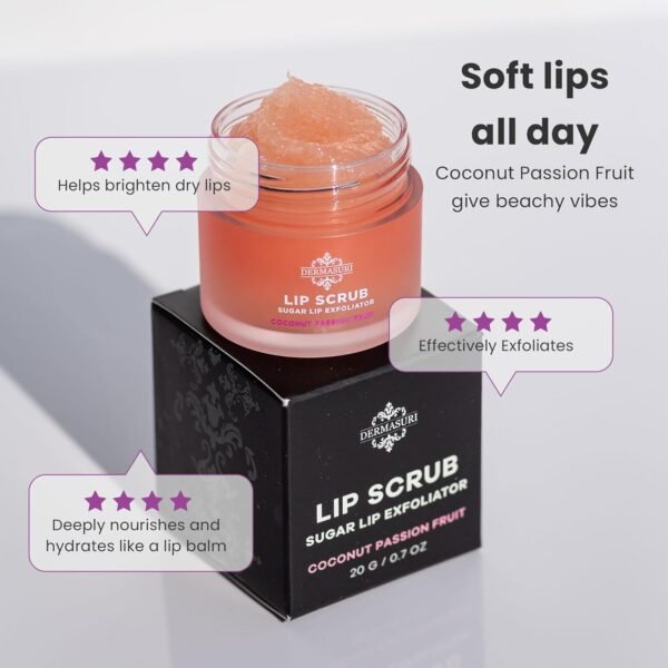 718z7qCbb9L._SL1500_.jpg Dermasuri Lip Exfoliator Scrub and Moisturizer, Sugar Scrubs, Overnight Hydration & Softening, Brighten and Soften Dark Lips For Men & Women, Soothing Dryness, Coconut Passion Fruit Flavor 20g/0.7oz