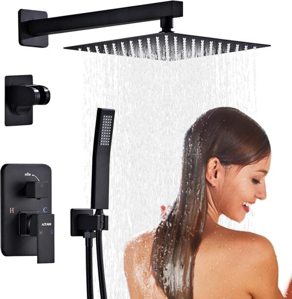 Shower System Black -10 Inch High Pressure Rain Shower Heads with Handheld Spray Combo Shower Faucet Set with Pressure Balanced Rough-in Valve, Wall Mount Bathroom Shower Set fit All Valve Types