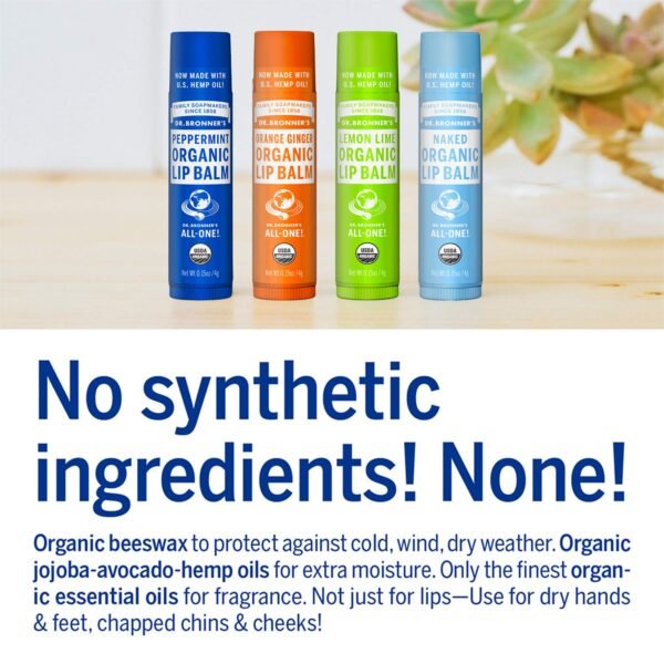 7197yidqGeL._SL1500_.jpg Dr. Bronner's - Organic Lip Balm Variety Peppermint, Orange Ginger, Naked, Lemon Lime) - Made with Organic Beeswax and Avocado Oil, For Dry Lips, Hands, Chin or Cheeks, 0.15 Ounce (Pack of 4)