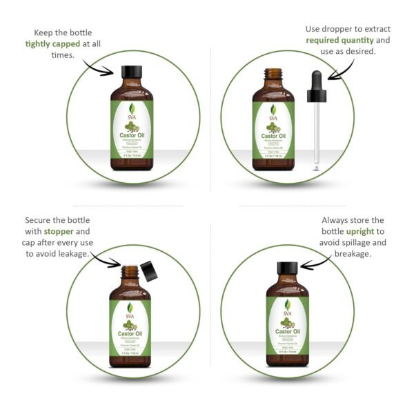 SVA Castor Seed Oil - 4 Fl Oz – 100% Natural Cold Pressed Castor Oil - for Face, Skin Care, Hair Care, Scalp Massage & Body Massage – Carrier Oil with Dropper
