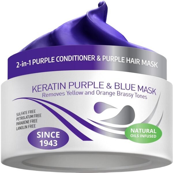 719UFQ4v4qL._SL1500_.jpg VITAMINS hair cosmetics Keratin Purple Hair Mask - Violet Blue Protein Deep Conditioner Treatment - Toner for Blonde Platinum Silver Gray Ash or Brown Colored Dry and Damaged Brassy Hair