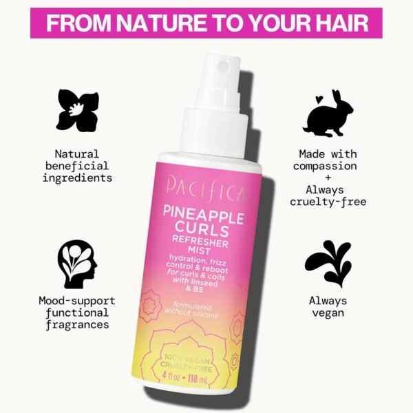 Pacifica Pineapple Curls Refresher Mist Frizz Control Spray & Curly Hair Enhancing -w/Hyaluronic Acid Vitamin B5 & Natural Plant Oils Revitalizes Curls - Vegan Cruelty Free Dermatologist Tested