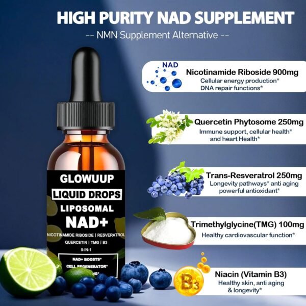 NAD Supplements For Women & Men, Liposomal NAD Nicotinamide Riboside Resveratrol 900mg w. B3 Vitamin Quercetin TMG, Liquid Resveratrol NAD Plus Supplement for Anti-Aging Energy Focus Longevity