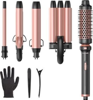 719lVrGmlnL._AC_SL1500_.jpg Wavytalk 5 in 1 Curling Wand Set, Dual Voltage Curling Iron Set with 5 Interchangeable Barrels Included A Thermal Brush, A Hair Crimper and 3 Ceramic Curling Wands(0.5"-1.25"), Rose Pink