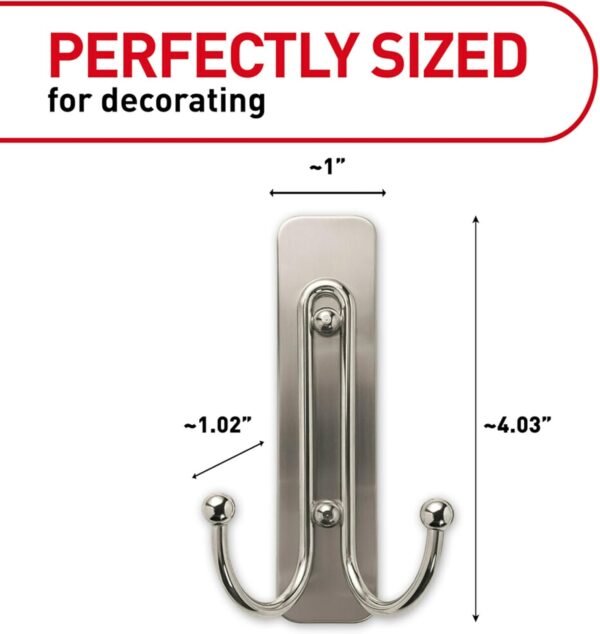 Command Large Double Bathroom Wall Hook, Damage Free Hanging Bath Hook with Adhesive Strip, Double Hook for Hanging Bath Towels, 1 Satin Nickel Colored Wall Hook and 1 Water-Resistant Command Strip