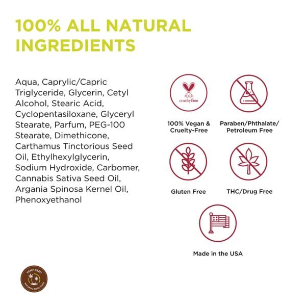 Hemp Seed Hand & Body Lotion - Soothe Dry Skin - Argan Oil, Hemp Seed Oil - Light, Non-Greasy Formula - Vegan & Cruelty Free