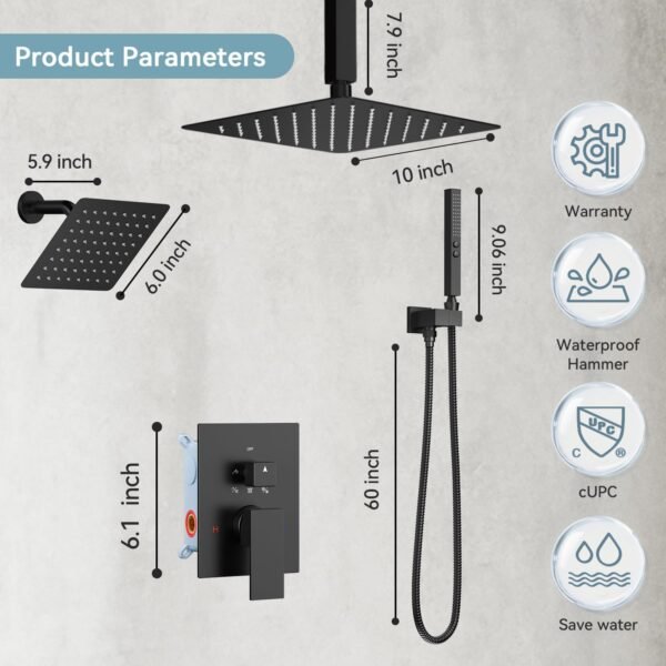 Shower Faucet Set Matte Black Shower System,Bostingner Five Function Diverter Shower Faucet with 2 in 1 Handheld,10'' Ceiling Mount and 6’‘ Wall Mount Shower Head Rainfall Shower Set with Valve