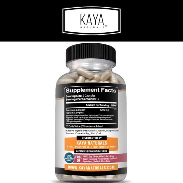 Kaya Naturals Multi Collagen Peptides Complex Powder for Women and Man, Vital for Hair, Skin, Nails, and Anti-Aging, Types I, II, III, V & X Collagen Protein Blend | Capsules - 30 Count Supplement