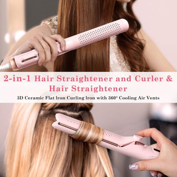 71AMe2LysGL._AC_SL1500_.jpg Hair Straightener and Curler 2-in-1, 360° Airflow Styler Curling Iron, 1.25 Inch Curling Wand, 20 Million Negative Ion Hair Care, 5 Temps & Auto Off, Dual Voltage (Pink)
