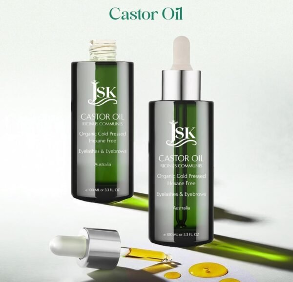 71AQKIKlY8L._SL1500_.jpg JSK Organic Castor Oil for Hair Growth, Eyelash Serum, USDA Certified Cold-Pressed Unrefined Hair Oil, 100% Pure Hexane-Free, 3.3 Oz Glass Bottle with Bonus Silk Hair Bonnet