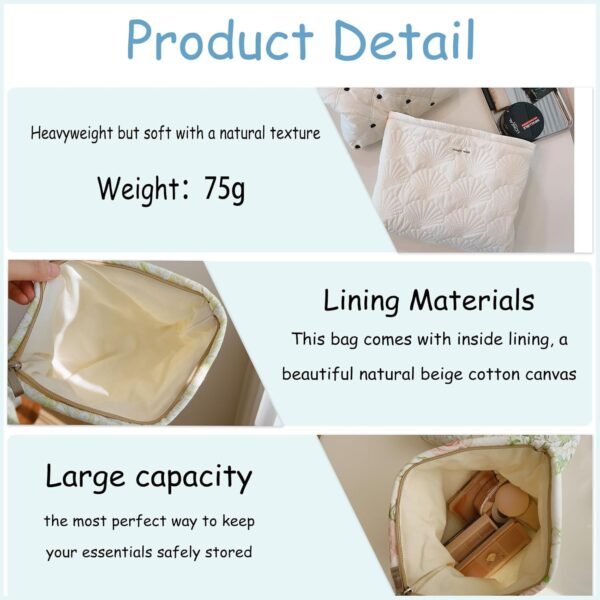 uekeboag White Quilted Cotton Makeup Pouch,Coquette Quilted Toiletry Bag for Women and Girls, Floral Coquette Organizer Bag, Aesthetic Travel Cosmetic Bags(03White Shells)