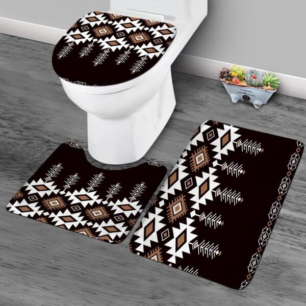KOMLLEX 4Pcs Black Western Retro Shower Curtain Sets, Bath Mat and Toilet Lid Cover, Boho Southwestern Geometric Abstract Tribal Ethnic Bathroom Decor Set with Rugs and Accessories, 12 Pack Hooks