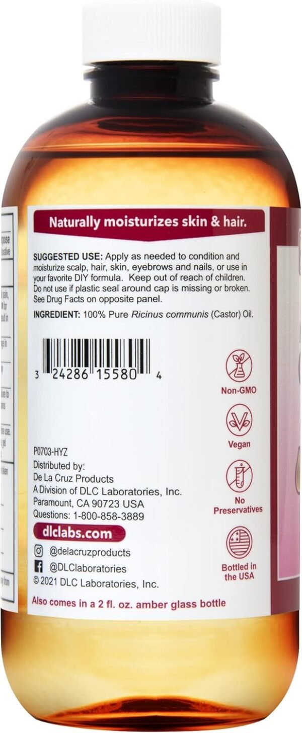 De La Cruz Castor Oil - 100% Pure Castor Oil for Hair, Skin, Eyelashes, and Eyebrows - USP Grade, 8 FL Oz