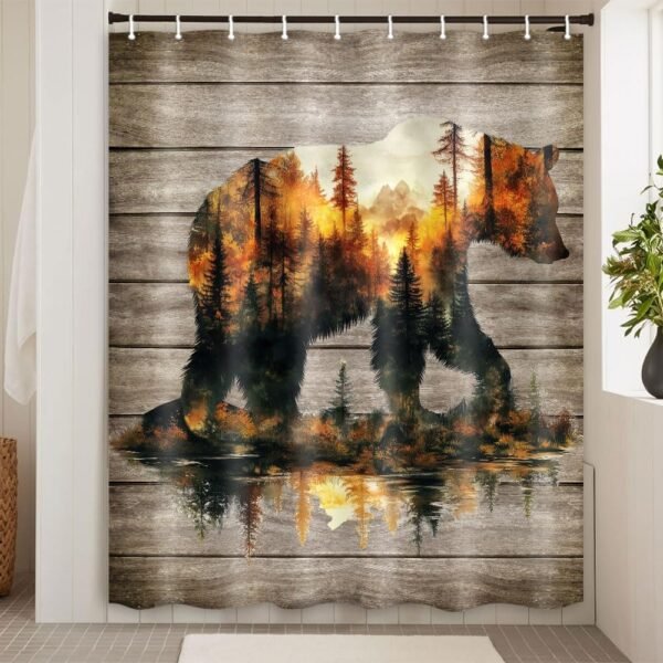 Rustic Bear Shower Curtain Country Wild Animals Forest Plank Background Bath Curtain Set Mountain Woodland Nature Bear Shower Curtain Rustic with 12 Hooks 60 X70 Inch
