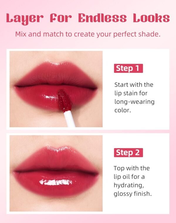 71B4kKQRKWL._SL1500_.jpg Tinted Lip Oil & Lip Stain Set, Korean Makeup, Smudge-Proof,Long-Wearing, 2-in-1 Cheek and Lip Tint with Moisturizing, High-Shine, Lightweight & Non-Sticky for Dry Lips, Cruelty-Free & Vegan