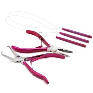 71BA7bZR3lL._SL1500_.jpg Professional Hair Extension & Beading Tool Kit Remove Plier Set for beads (4 Piece) I-Link Micro Ring Loop Needle Pulling Hook Threader Wire for Silicone Rings (Shocking Pink)