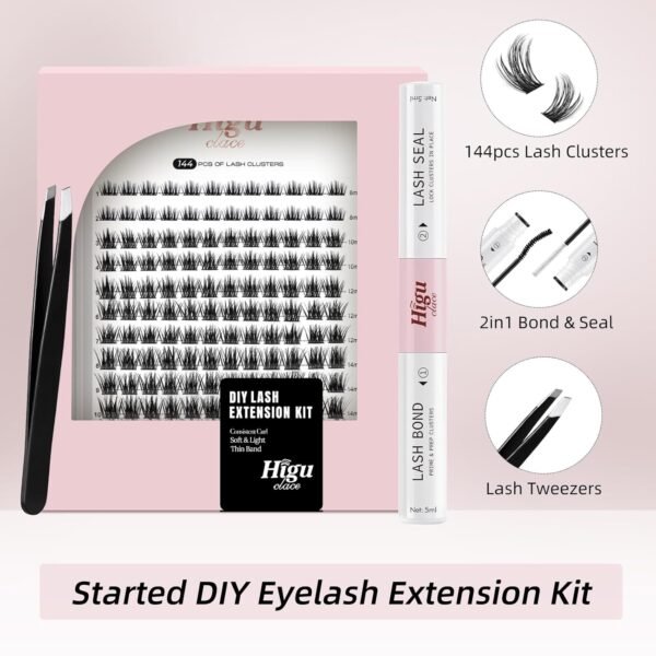 71BGT8bxb1L._SL1500_.jpg Higu clace DIY Eyelash Extension Kit, 144pcs D Curl Lash Clusters, 8-16mm Softy Cluster Lashes, with Lash Bond and Seal, Lash Tweezers, Reusable Fluffy Cluster Eyelash Extension Kit(R-08 Kit)