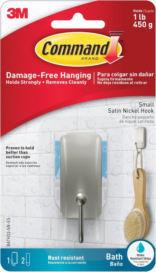 Command Small Bath Hook, Holds up to 1 lb, 1 Satin Nickel Shower Hook with 2 Water Resistant Command Strips, Damage Free Bathroom Organization