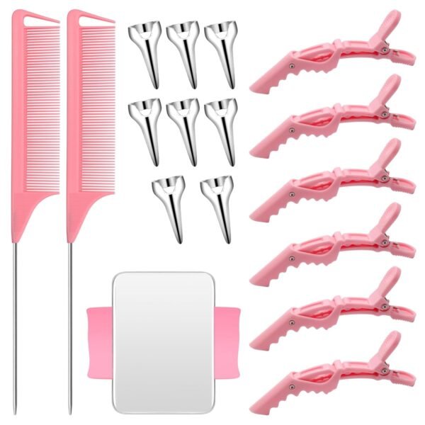 71BIzU63NeL._SL1500_.jpg Hair Styling Tools Set - 17 Pieces Including Sectioning Rings, Tail Combs, Clips, and Wrist Pin Holder for Braiding (Pink)