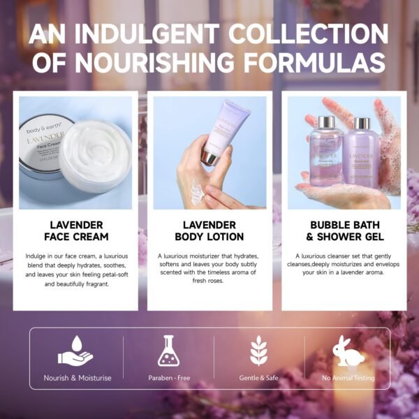 BODY & EARTH Bath and Body Gift Set - Luxurious 6 Pcs Bath Kit for Women, Relaxing Spa Set with Lavender Scent, Perfect Birthday Gift Set for Women Includes Bubble Bath, Shower Gel, Body Lotion