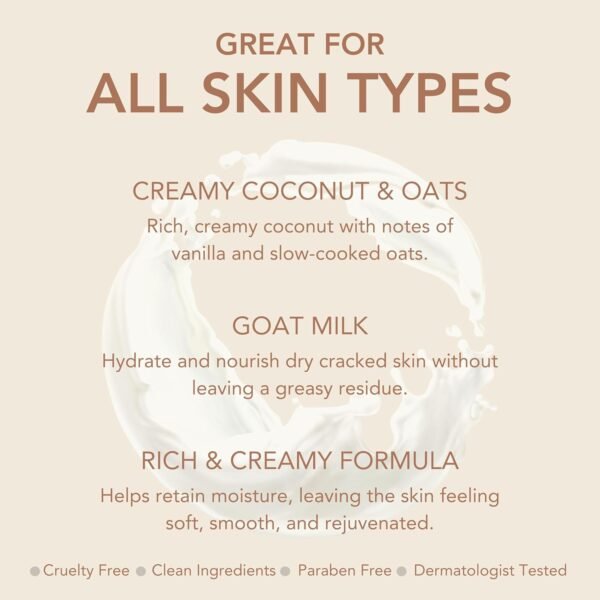 Dionis Goat Milk Hydrating Skincare Cream, Rich & Creamy Daily Moisturizing Coconut & Oats Scented Body Lotion For Dry Skin, Made in the USA, Cruelty-Free & Paraben-Free, 8.5 oz Bottle