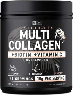 71BdnQ0k5TL._AC_SL1500_.jpg Premium Multi Collagen Peptides Protein Powder (1, 2, 3, 5 & 10) with Vitamin C, Biotin, Hyaluronic Acid, for Hair Skin and Nails - Marine, Bovine, Chicken & Eggshell (Unflavored, 45 Servings)