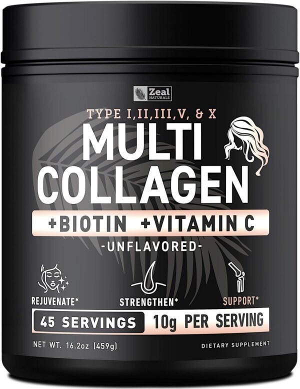 71BdnQ0k5TL._AC_SL1500_.jpg Premium Multi Collagen Peptides Protein Powder (1, 2, 3, 5 & 10) with Vitamin C, Biotin, Hyaluronic Acid, for Hair Skin and Nails - Marine, Bovine, Chicken & Eggshell (Unflavored, 45 Servings)