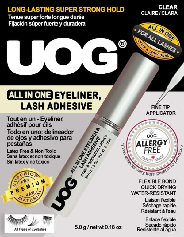UOG Eyelash Adhesive Glue - Super Strong Hold for Up to 5 Days | Waterproof, Allergy-Free, and Odorless | Brush-On False Lash Extension Glue with All-in-One Formula | No Irritation or Itching (Black)