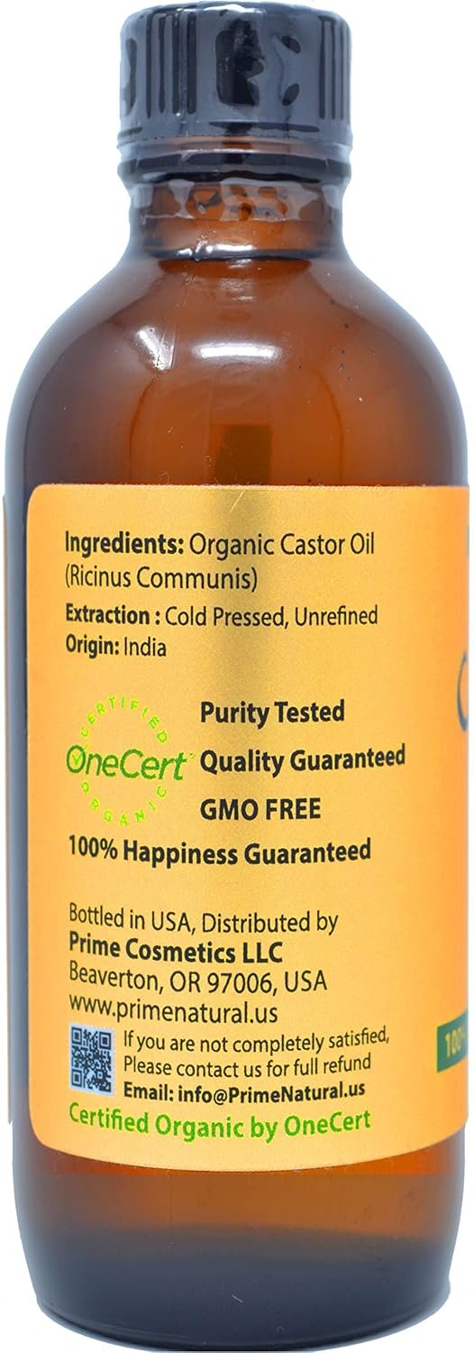 71Bq5DwjC3L._SL1500_.jpg PRIME NATURAL Organic Castor Oil (4oz / 120ml) - USDA Certified Organic, Pure, Cold Pressed, Thick, Hexane Free - Stimulate Growth for Eyelashes, Eyebrows, Hair, Skin Moisturizer