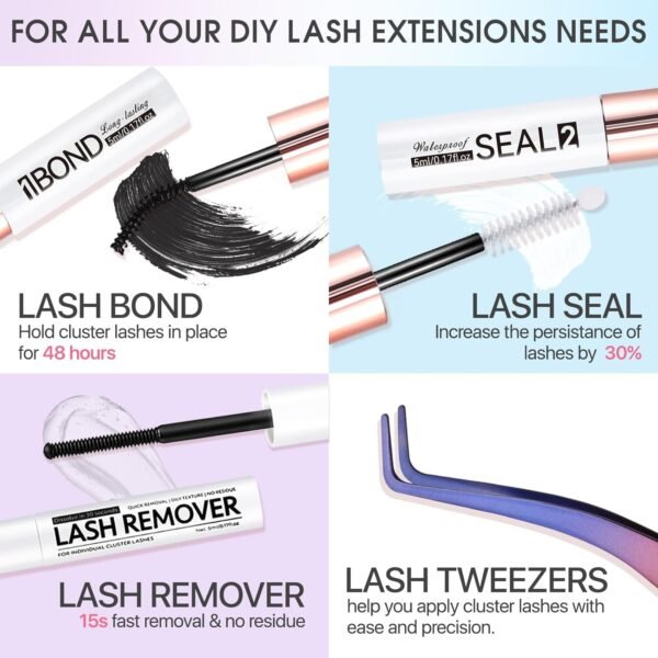 71Btu-l4uWL._SL1500_.jpg 3 PCS Lash Kit Bond and Seal with Tweezers Remover Kit, DIY Eyelash Glue and Lash Applicator Tool Cluster Glue Remover Fast Removal with No Residue