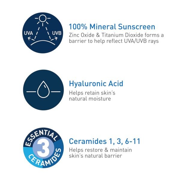 CeraVe 100% Mineral Sunscreen SPF 50 with Zinc Oxide & Titanium Dioxide, Hyaluronic Acid & Ceramides, Oil Free & Non-Greasy, Hydrating Mineral Sunscreen For Body, 5 oz