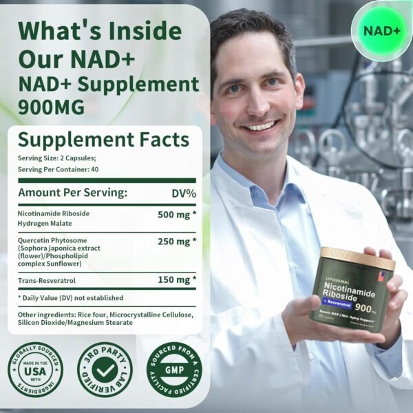 NMN Supplement Alternative, Liposomal Nicotinamide Riboside 900mg, NAD Nicotinamide Riboside Resveratrol, Quercetin, High Purity NAD Supplement for Anti-Aging, Energy, Focus(80 Capsules)