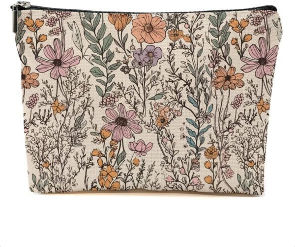 Vintage Wildflowers Makeup Bag Floral Garden Flower Cosmetic Bag Friend Friendship Gifts for Women Girls Sister Coworker Botanical Travel Organizer Zipper Pouch Christmas Thanksgiving Birthday Gifts