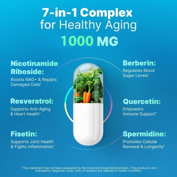 Liposomal Nicotinamide Riboside Supplement - NMN Supplement Alternative - NR Supplements Nicotinamide Riboside w/ Fisetin, Resveratrol, Spermidine, Berberine Anti Aging Nad Resveratrol 60 caps 1 pack