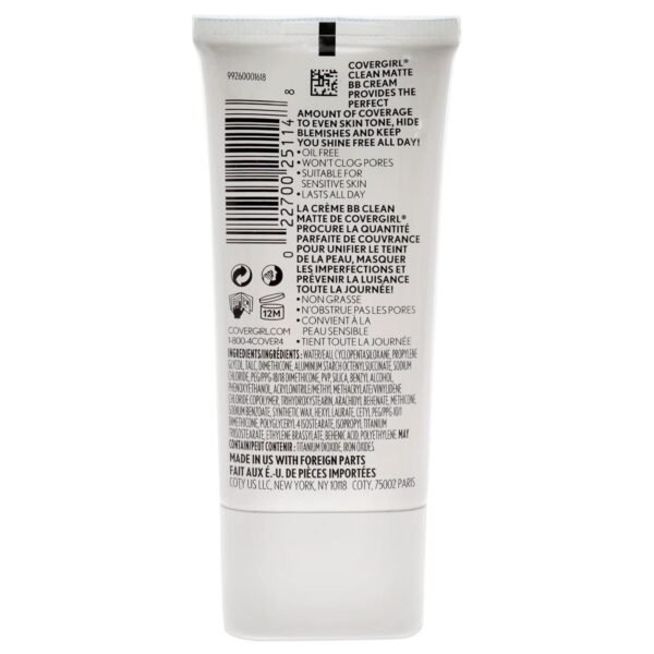 COVERGIRL - Clean Matte BB Cream, Oil-Free, Long-Lasting, Sensitive Skin, Lightweight, 100% Cruelty-Free