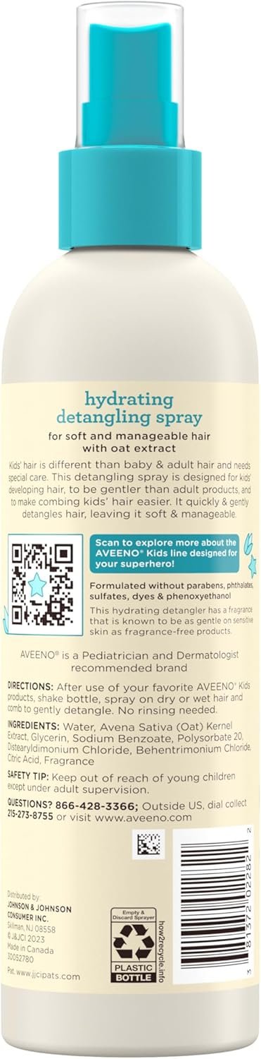 Aveeno Kids Hydrating Detangling Spray with Oat Extract, Quickly & Gently Detangles Kids' Hair, Tear-Free & Suitable for Skin & Scalp, Light Fragrance, Hypoallergenic, 10 fl. oz