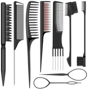 71CRa-6zXL._SL1500_.jpg SALONSILK 9Pcs Hair Comb Set Include Boar Bristle Teasing and Slick Back Hairbrush, Rat Tail Comb, Black Carbon Lift Comb, Edge Control Brush, and Topsy Hair Tail Tools for Women & Girls
