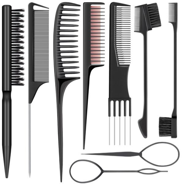 71CRa-6zXL._SL1500_.jpg SALONSILK 9Pcs Hair Comb Set Include Boar Bristle Teasing and Slick Back Hairbrush, Rat Tail Comb, Black Carbon Lift Comb, Edge Control Brush, and Topsy Hair Tail Tools for Women & Girls