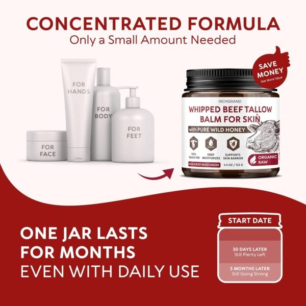 Beef Tallow for Skin – Whipped Tallow and Honey Balm with Grass-Fed Beef Tallow – Organic Daily Tallow Face Moisturizer & Body Balm – Deep Nourishment for Dry, Cracked, Sensitive Skin - 4.3 OZ