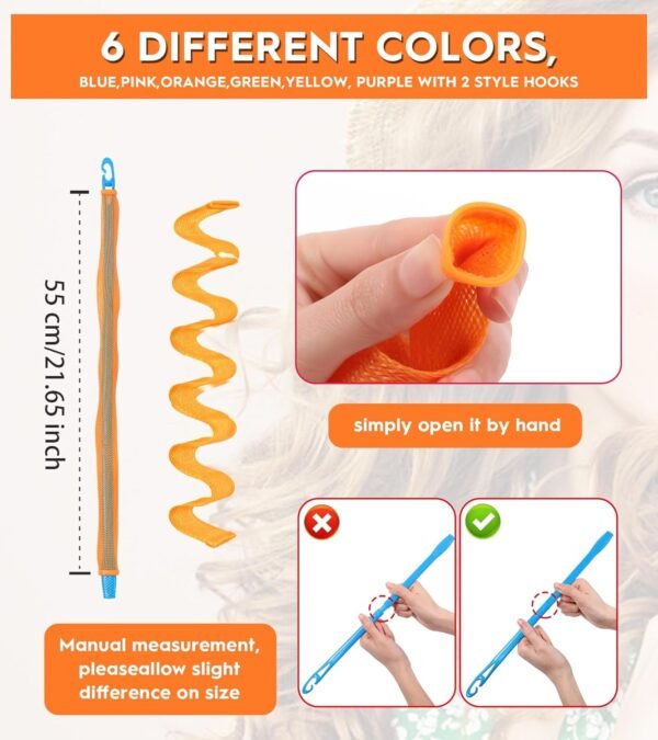 71CmhV2uq4L._SL1500_.jpg 30 Pcs Heatless Hair Curlers Wave Curls Styling Kit with 2 Pcs Styling Hooks, No Heat Hair Curlers Heatless Wave Curlers for Women Girls Long Medium Short Hair (6 Colors, 55 cm/21.65 inch)