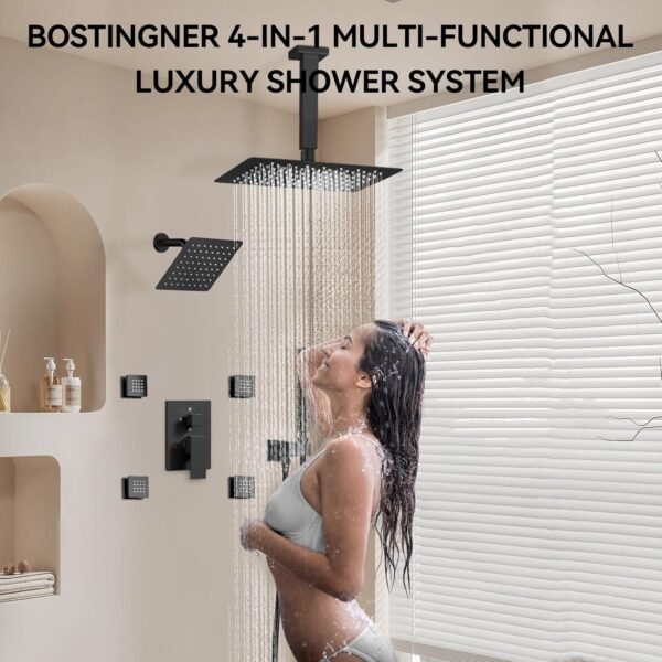 Shower System Matte Black Shower Faucet Set,Bostingner Four Modes Shower Faucet with 2 in 1 Handheld,Ceiling Mount 10 Inch Shower Head with 6 Inch Shower Head, 4Pcs Body Jets With Dual Head Shower Set
