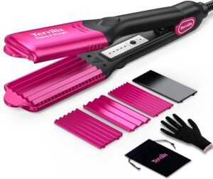 71CqNqyi1iL._AC_SL1500_.jpg Terviiix Crimper Hair Iron with 4 Interchangeable Plates, Keratin & Argan Oil Infused Hair Crimper for Women, Volumizing Crimping Iron for Thin Fine Hair, 5 Heat Settings & 60 Mins Auto Off, Pink
