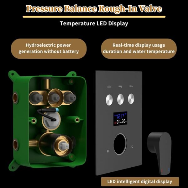 AYIVG Matte Black Dual Shower Heads System with 12 And 8 Inch Rainfall and 2 in 1 Handheld Spray Wand Adjustable Slide Bar Ceiling Mount Shower Faucet Temperature Display Button Shower Set