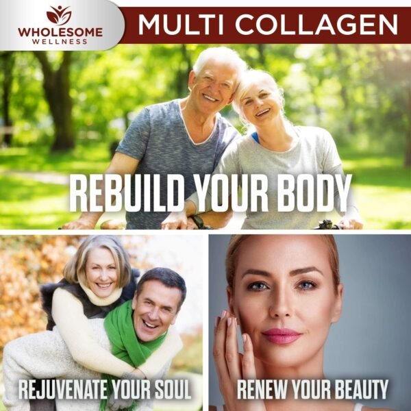 Wholesome Wellness Super-Absorb Multi Collagen Pills (Type I II III V X) Organic Herbs & Bioperine - Hair, Skin, Nails, Joints - Hydrolyzed Peptides Protein Supplement for Women & Men (90 Capsules)