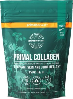 71Dh5IDVHmL._AC_SL1500_.jpg Primal Harvest Collagen Powder for Women or Men Primal Collagen Peptides Powder Type I & III, 10 Oz Collagen Protein Powder for Hair, Skin, Nails (Single, Original)