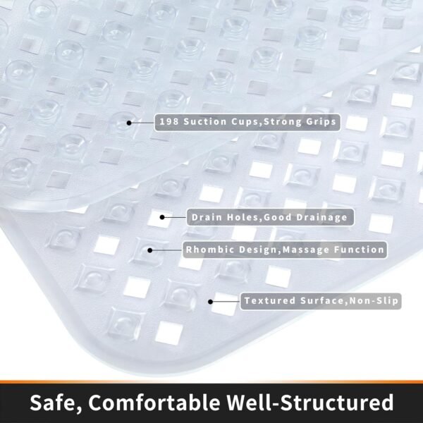Yimobra Bathtub Mat Non Slip, Super Strong Suction Cups, 27.5"x15.5" Long Shower Mat with Drain Holes, Machine Washable Fast Draining Bath Mats, Bathroom Essentials,Clear