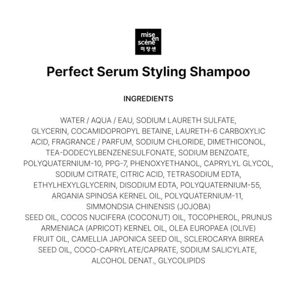 Mise En Scene Hair Perfume Shampoo - Perfect Styling Serum Shampoo - with Peony and Rose Scent, Styling Memory & Heat Protection, Enriched with Argan Oil, Daily Nourishing, 22.99 Fl. Oz.